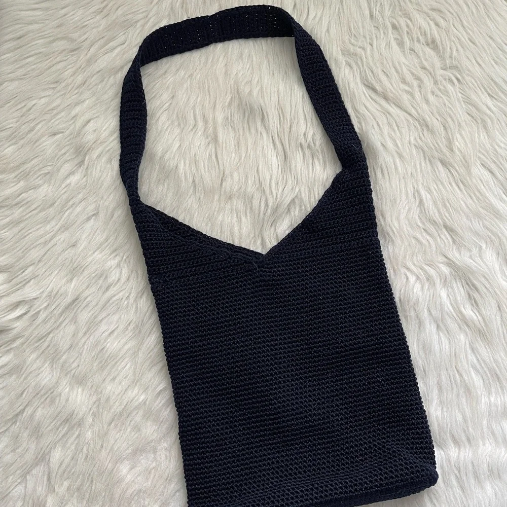 The Sack Knit Crochet Fabric Bohemian Shoulder Black Medium Size Bag